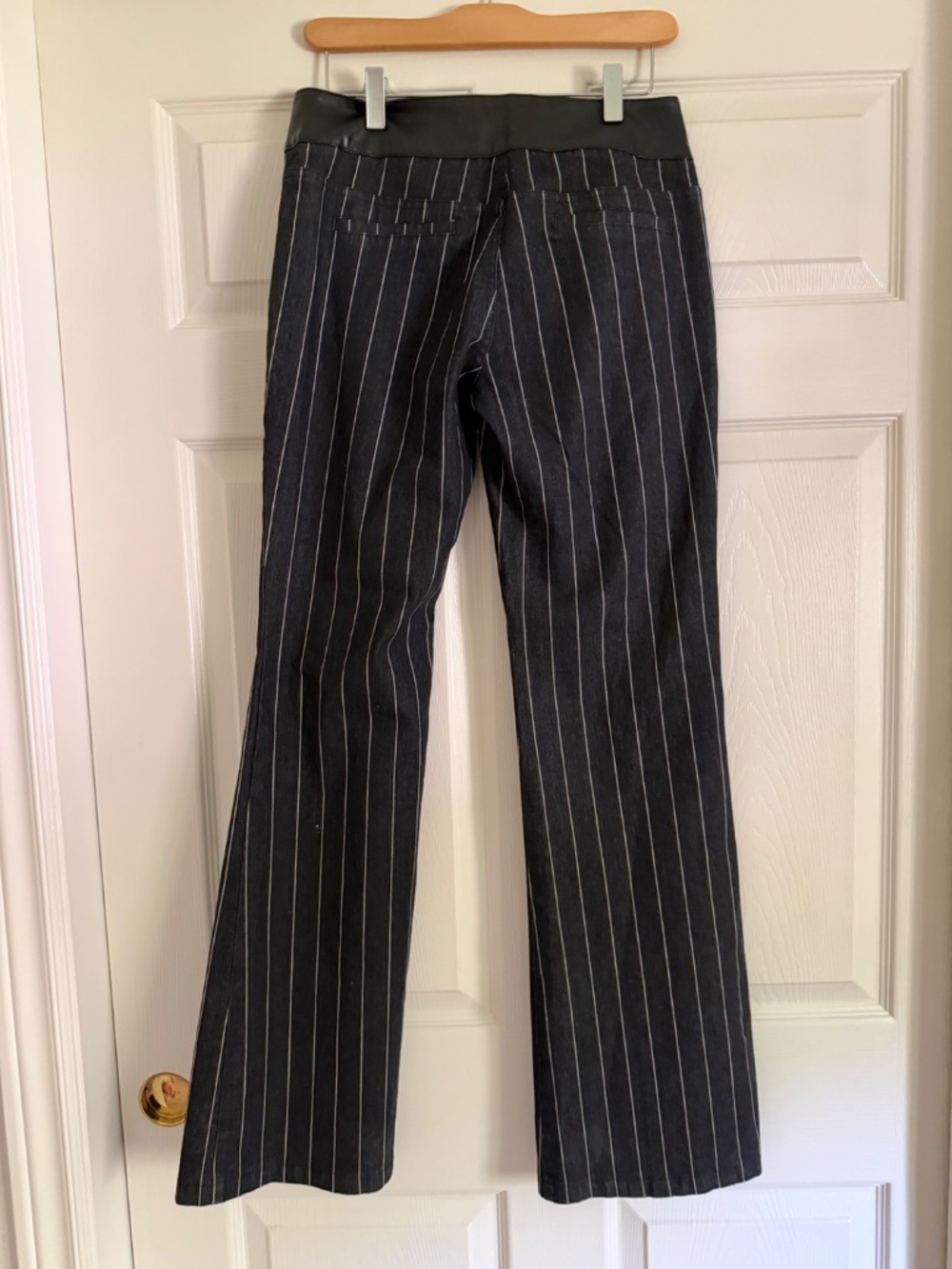 Edikted Pinstripe & Faux Leather Low Rise Flared Jeans - Size S - Picture 9 of 9